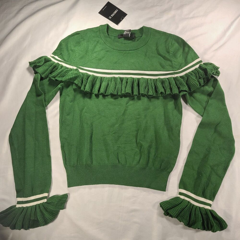 Forever 21 Women's Small Green Ruffle Trim Knit Sweater NWT
